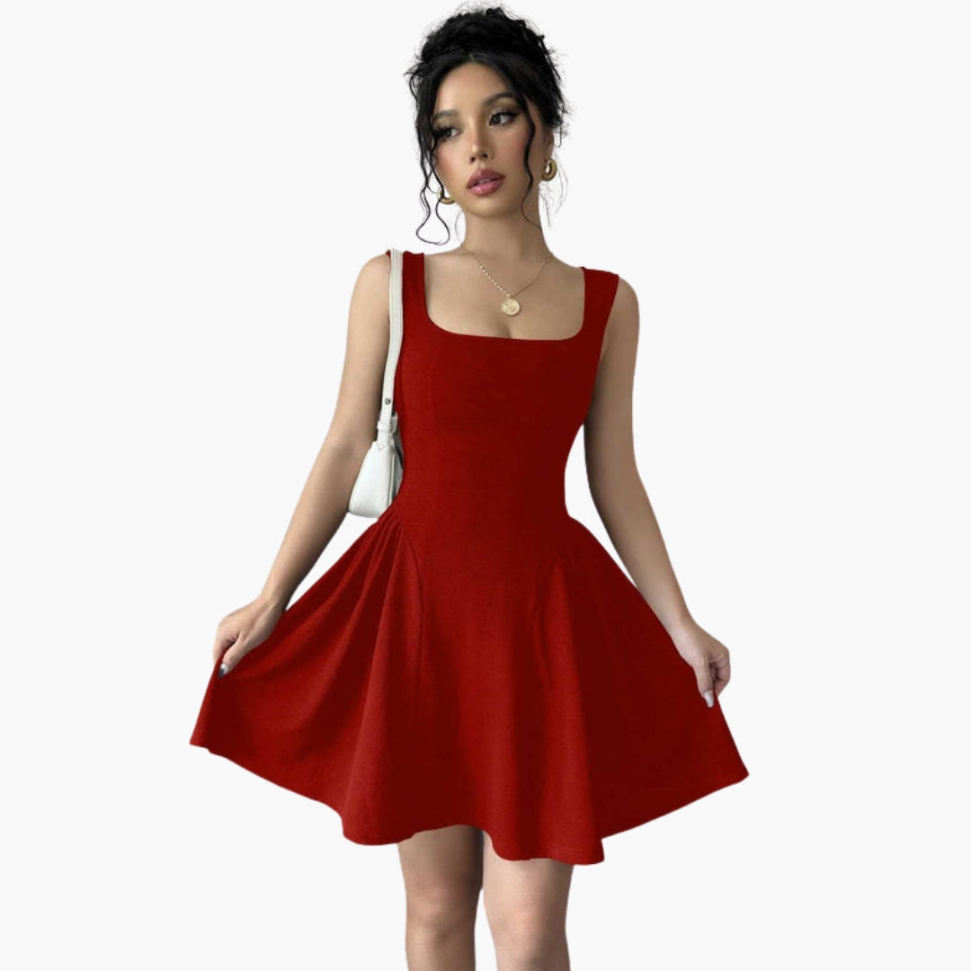 Red / S Women’s A-Line Dress with Square Neckline and Flowing Skirt